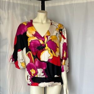 Natorious Silk Floral Kimono Sleeve Blouse
